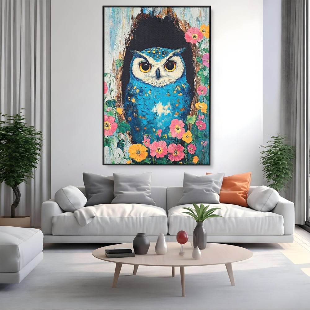 Tablou canvas cu tablou canvas cu bufnita albastra, in rama de aluminiu negru, pe perete intr-un living